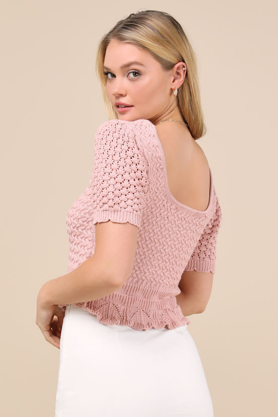 Lulus Lucky Cutie Dusty Pink Crochet Short Sleeve Sweater Top In Pink