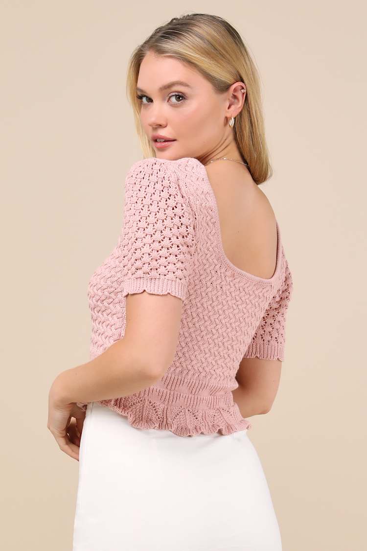 Lucky Cutie Dusty Pink Crochet Short Sleeve Sweater Top