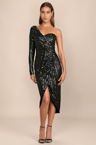 Elegant Occasion Black Sequin One-Shoulder Midi Dress 1