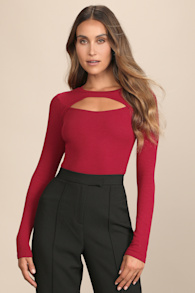 Flirty Little Secret Wine Red Ribbed Cutout Long Sleeve Top 1