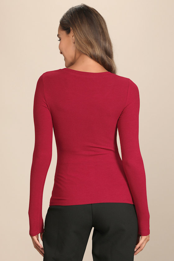 Sexy Wine Red Cutout Top - Long Sleeve Top - Front Cutout