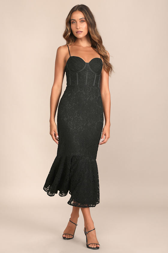 Sexy Black Lace Dress - Midi Trumpet Dress - Lace Bustier Dress