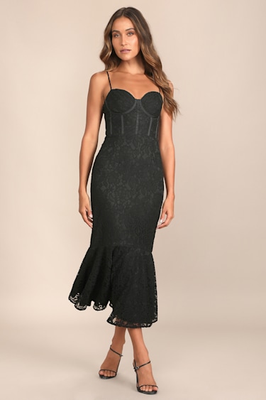 Found Your Love Black Lace Sleeveless Trumpet Midi Dress