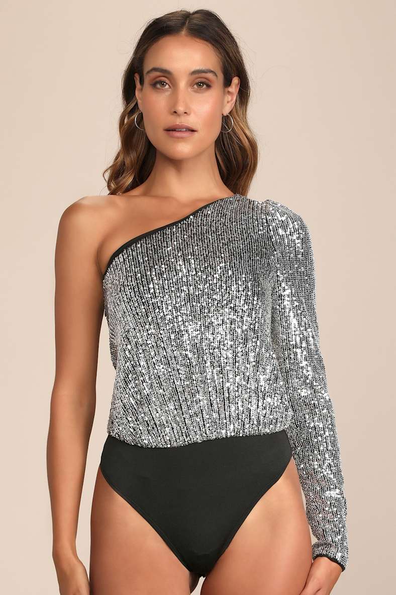 Dancing Diva Black and Silver Sequin One-Shoulder Bodysuit