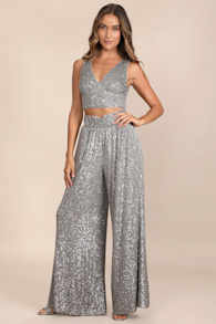 Flawless Sparkle Silver Sequin Wide-Leg Pants 1