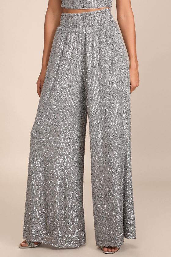 Flawless Sparkle Silver Sequin Wide-Leg Pants 8