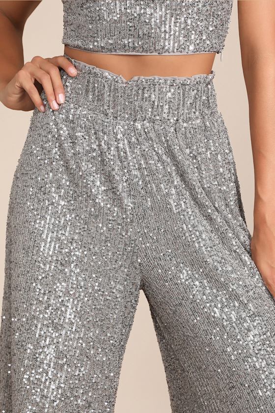 Sequin Pants - Silver Pants - Wide-Leg Pants - High-Rise