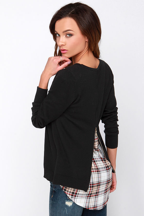 Chic Black Sweater Plaid Top High Low Top 49.00 Lulus