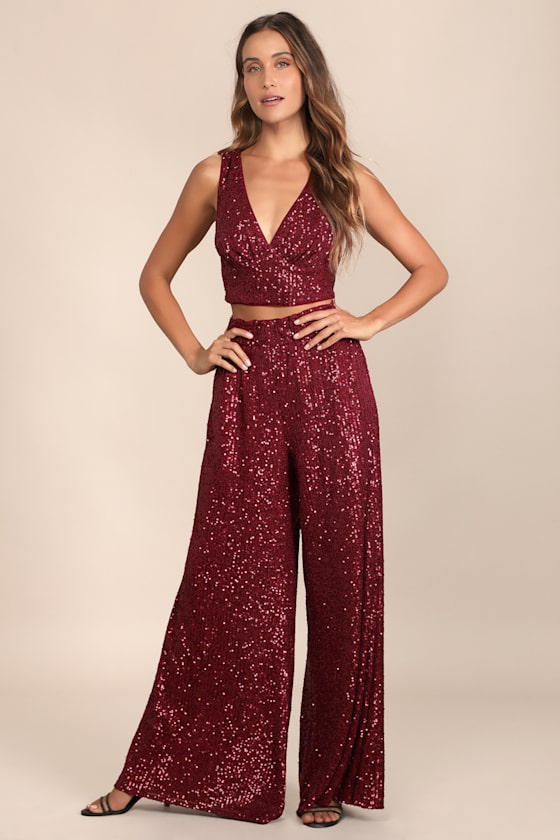 Flawless Sparkle Wine Red Sequin Wide-Leg Pants 1