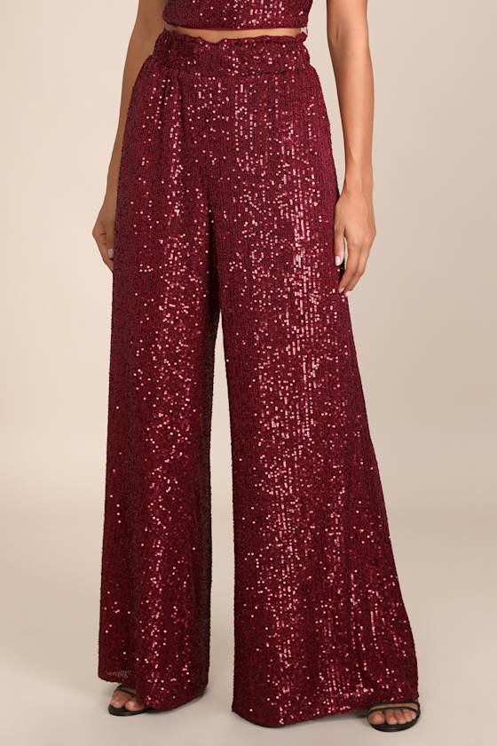 Flawless Sparkle Wine Red Sequin Wide-Leg Pants 8