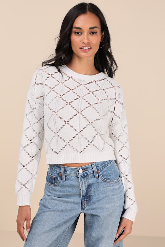 Lulus Effortlessly Delightful Ivory Pointelle Knit Sweater Top In Ivory