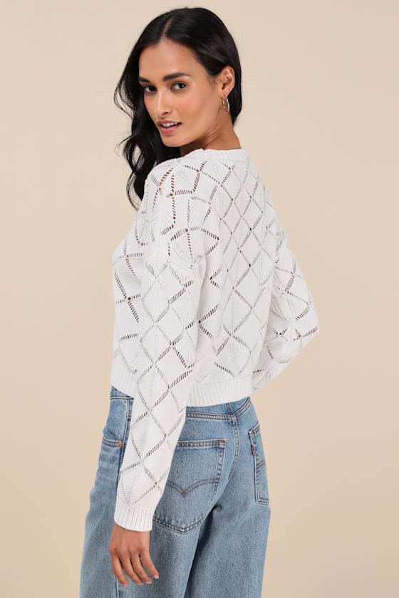 Lulus Effortlessly Delightful Ivory Pointelle Knit Sweater Top In Ivory