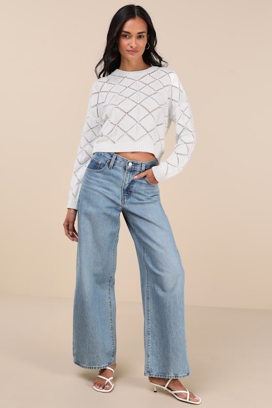 Lulus Effortlessly Delightful Ivory Pointelle Knit Sweater Top In Ivory