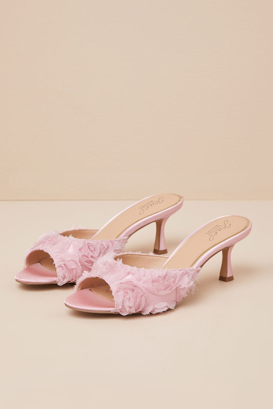 Scarlet Pink Satin Kitten Heel Slide Sandals 1
