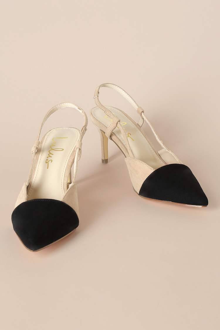 Steviee Black and Beige Pointed-Toe Slingback Pumps