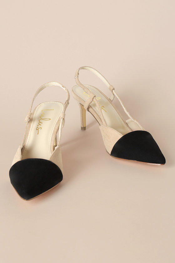 Steviee Black and Beige Pointed-Toe Slingback Pumps 5
