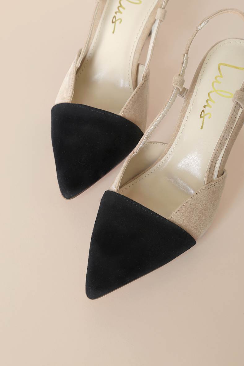 Steviee Black and Beige Pointed-Toe Slingback Pumps