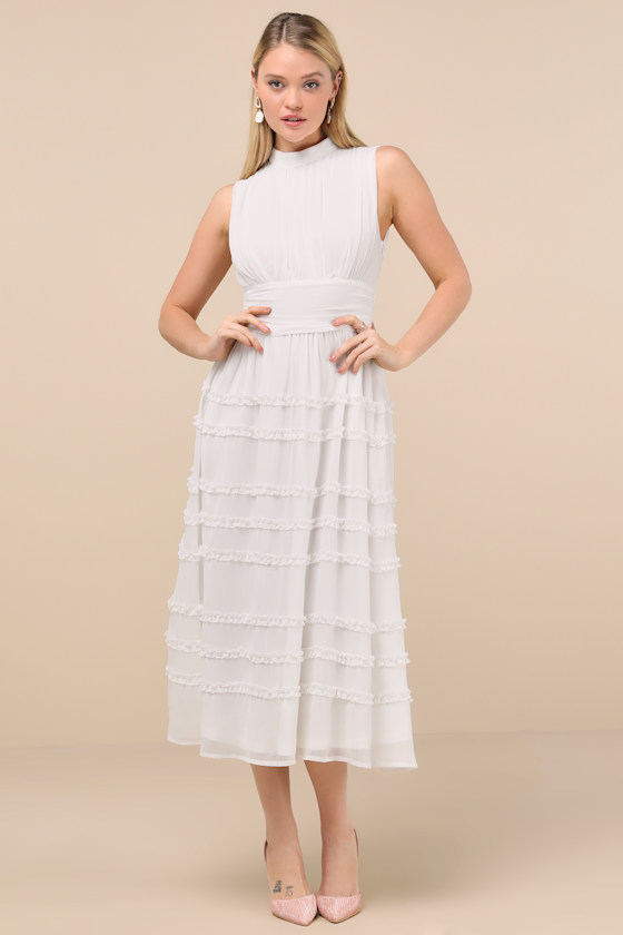 Lulus Happily Sweet White Mock Neck Backless Midi Dress In White
