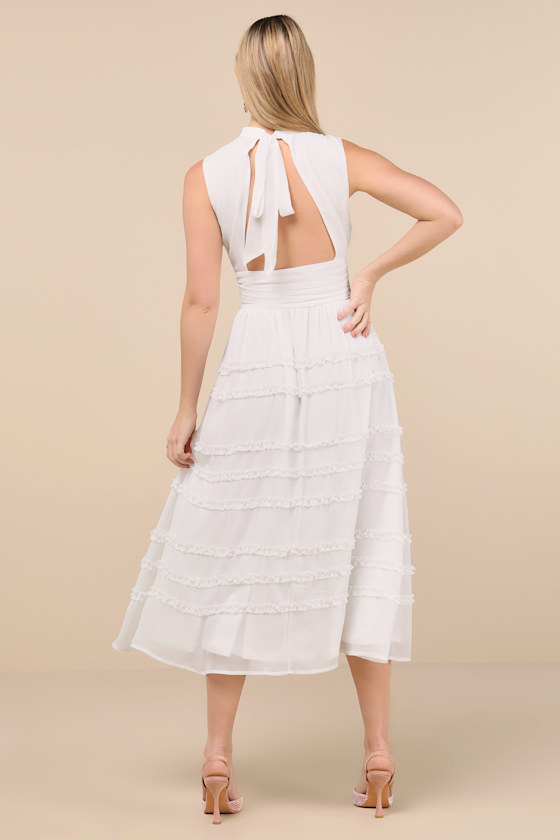 Lulus Happily Sweet White Mock Neck Backless Midi Dress In White