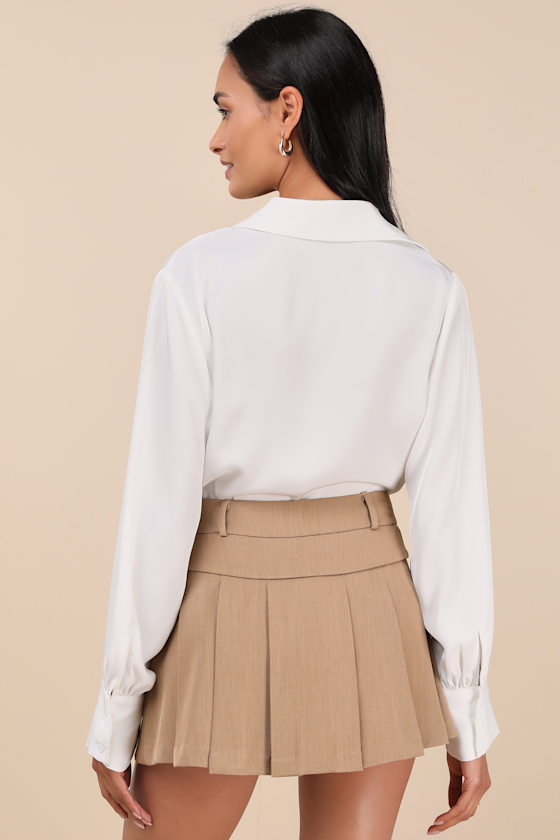 Lulus On It Khaki Pleated Mini Skirt In Brown