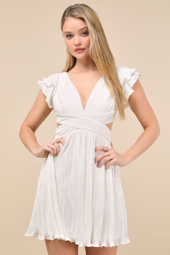 Captivating Delight White Plisse Satin Lace-Up Mini Dress 4