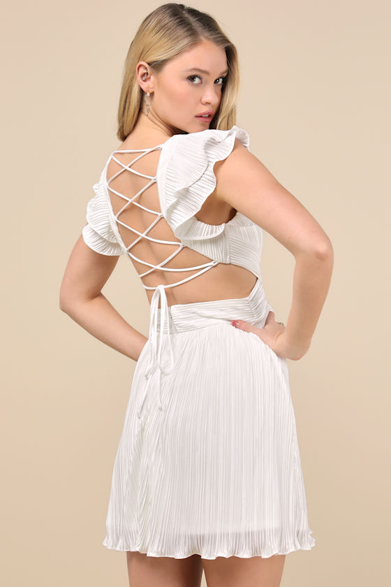 Lulus Captivating Delight White Plisse Satin Lace-up Mini Dress In White