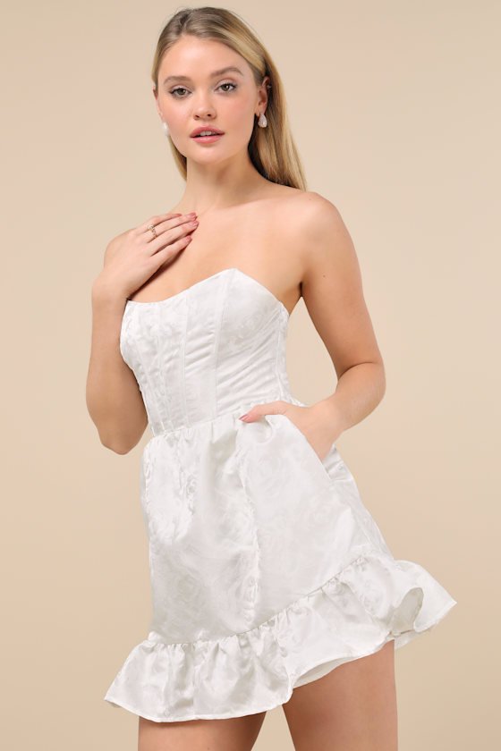 Lulus Luxe Delight Ivory Jacquard Strapless Bustier Mini Dress In Ivory