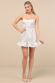 Luxe Delight Ivory Jacquard Strapless Bustier Mini Dress