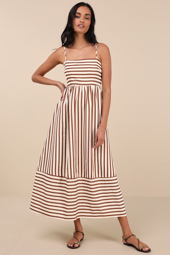 LULUS EXCEPTIONALLY PRISTINE BROWN AND CREAM STRIPED CUTOUT MIDI DRESS