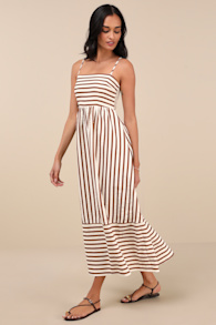 Exceptionally Pristine Brown and Cream Striped Cutout Midi Dress 2