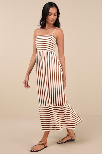 Exceptionally Pristine Brown and Cream Striped Cutout Midi Dress 2