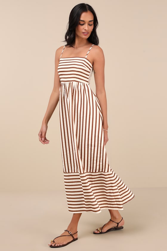 Exceptionally Pristine Brown and Cream Striped Cutout Midi Dress 2