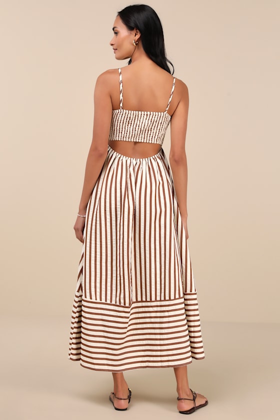 Exceptionally Pristine Brown and Cream Striped Cutout Midi Dress 3