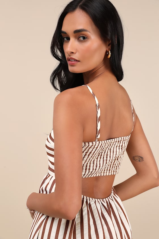 LULUS EXCEPTIONALLY PRISTINE BROWN AND CREAM STRIPED CUTOUT MIDI DRESS