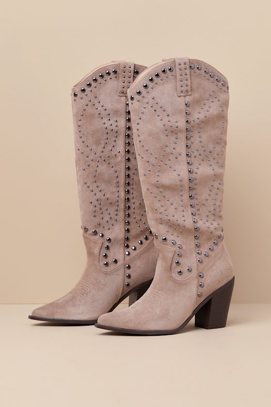 Lulus Mallerie Taupe Suede Studded Knee-high Western Boots In Taupe