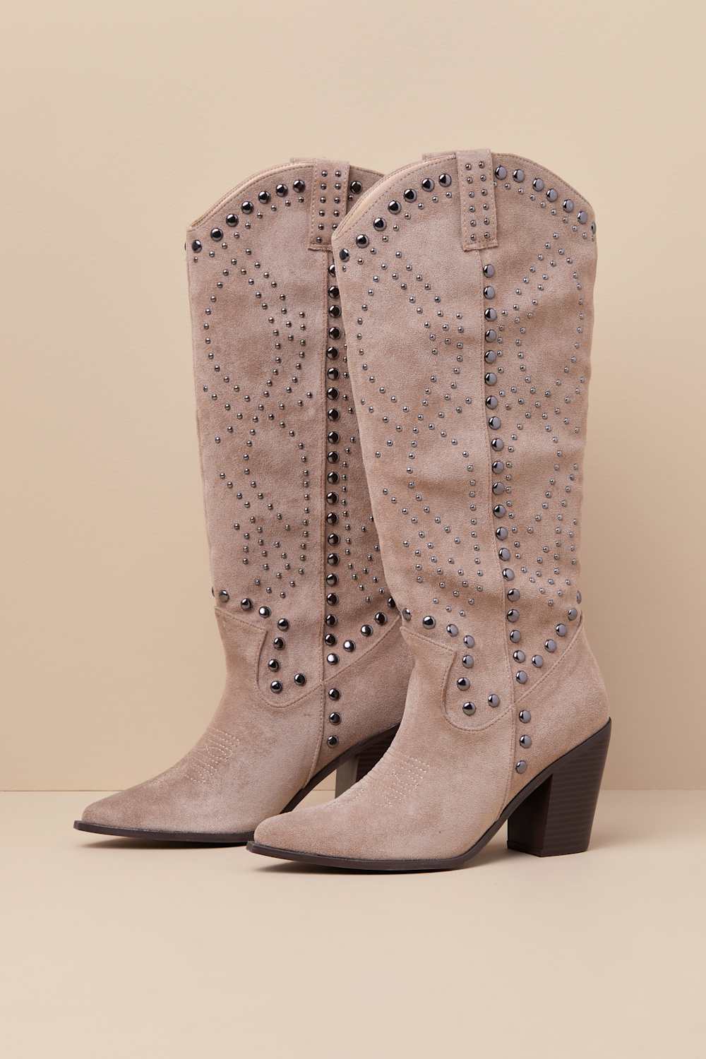 Mallerie Taupe Suede Studded Knee-High Western Boots