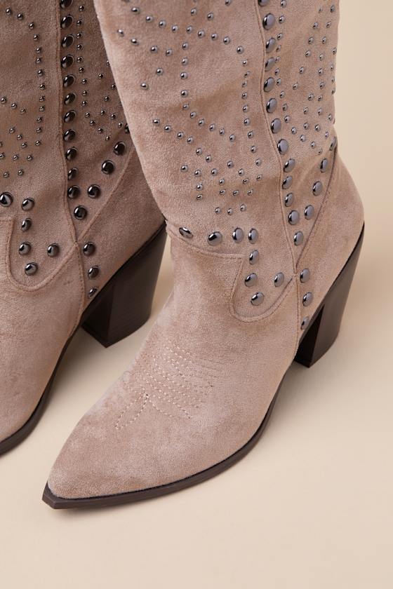 Lulus Mallerie Taupe Suede Studded Knee-high Western Boots In Taupe