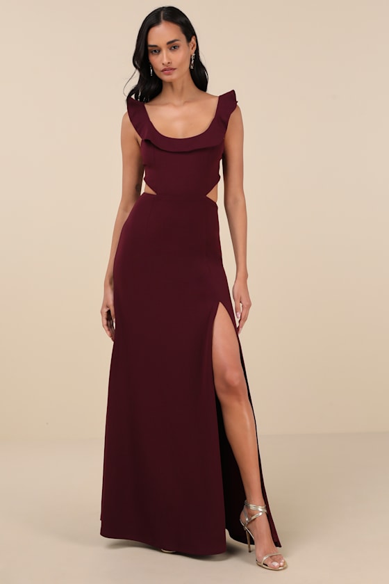 Lulus Captivating Charisma Plum Ruffled Cutout Tie-back Maxi Dress In Purple