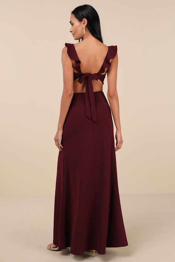 Lulus Captivating Charisma Plum Ruffled Cutout Tie-back Maxi Dress In Purple