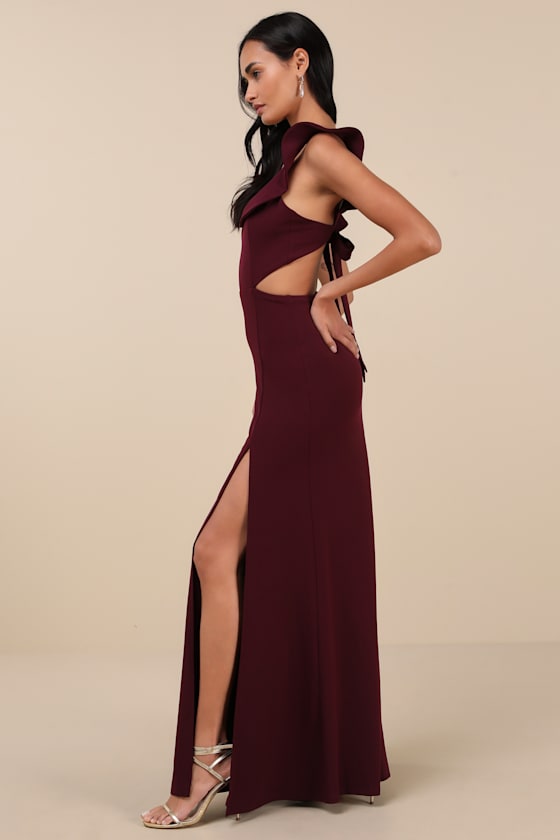 Lulus Captivating Charisma Plum Ruffled Cutout Tie-back Maxi Dress In Purple