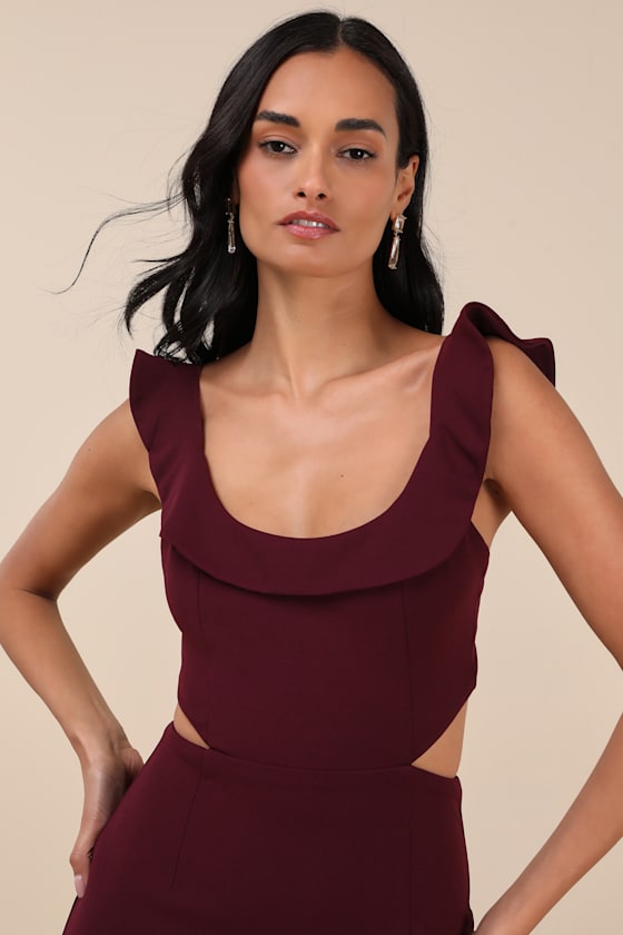 Lulus Captivating Charisma Plum Ruffled Cutout Tie-back Maxi Dress In Purple