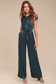 Let Me Entertain You Dark Green Satin Wide-Leg Jumpsuit 1