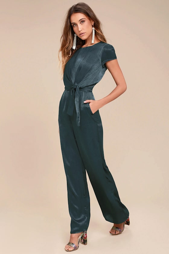 Let Me Entertain You Dark Green Satin Wide-Leg Jumpsuit 6