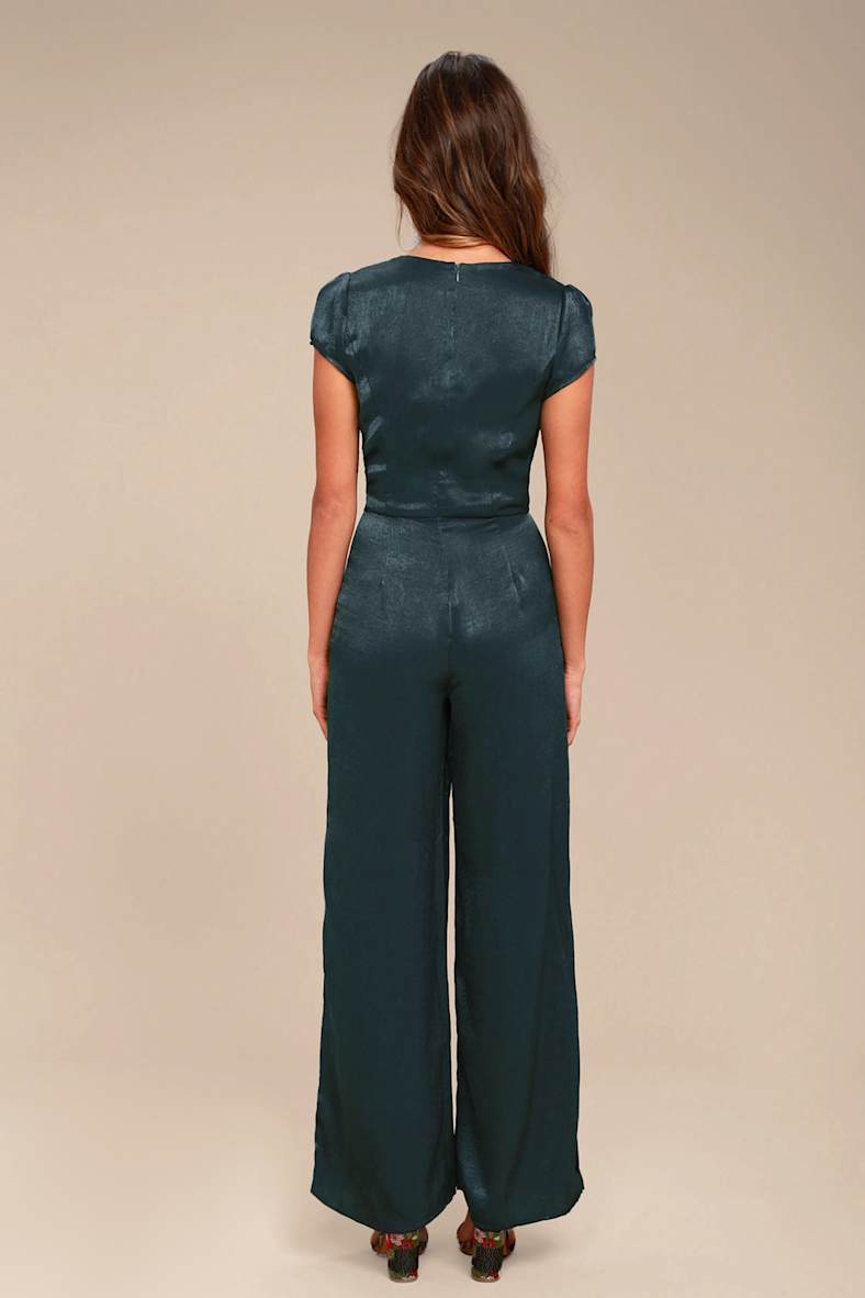 Let Me Entertain You Forest Green Satin Wide-Leg Jumpsuit