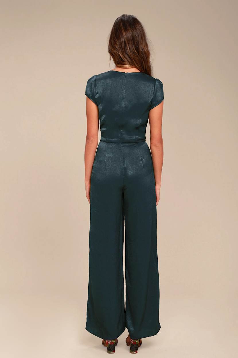 Let Me Entertain You Forest Green Satin Wide-Leg Jumpsuit