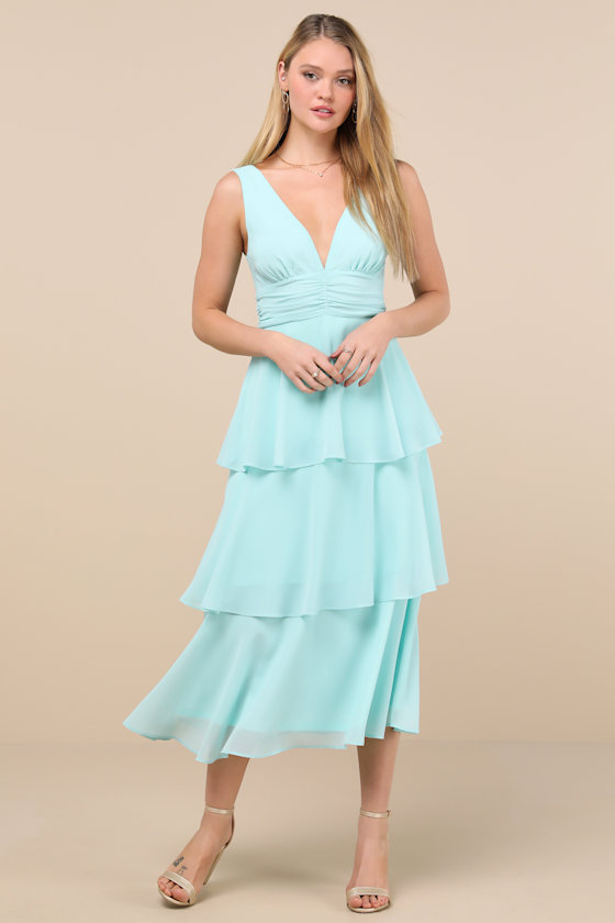 Lulus Celebration Time Aqua Sleeveless Tiered Midi Dress In Blue