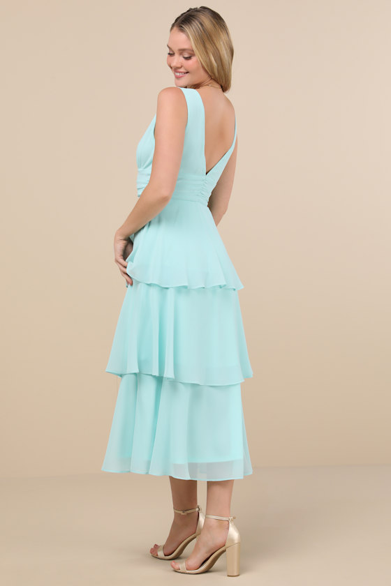 Lulus Celebration Time Aqua Sleeveless Tiered Midi Dress In Blue