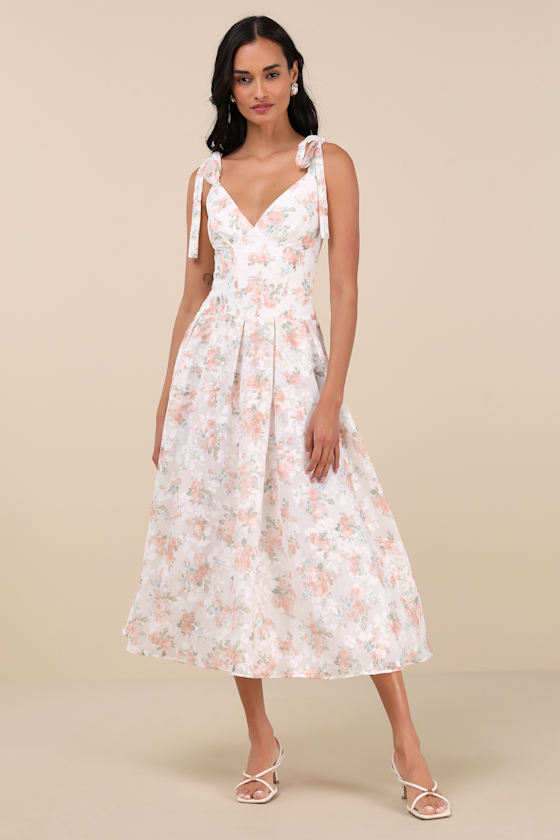 Lulus Danah White Floral Bustier Tie-strap Midi Dress In White