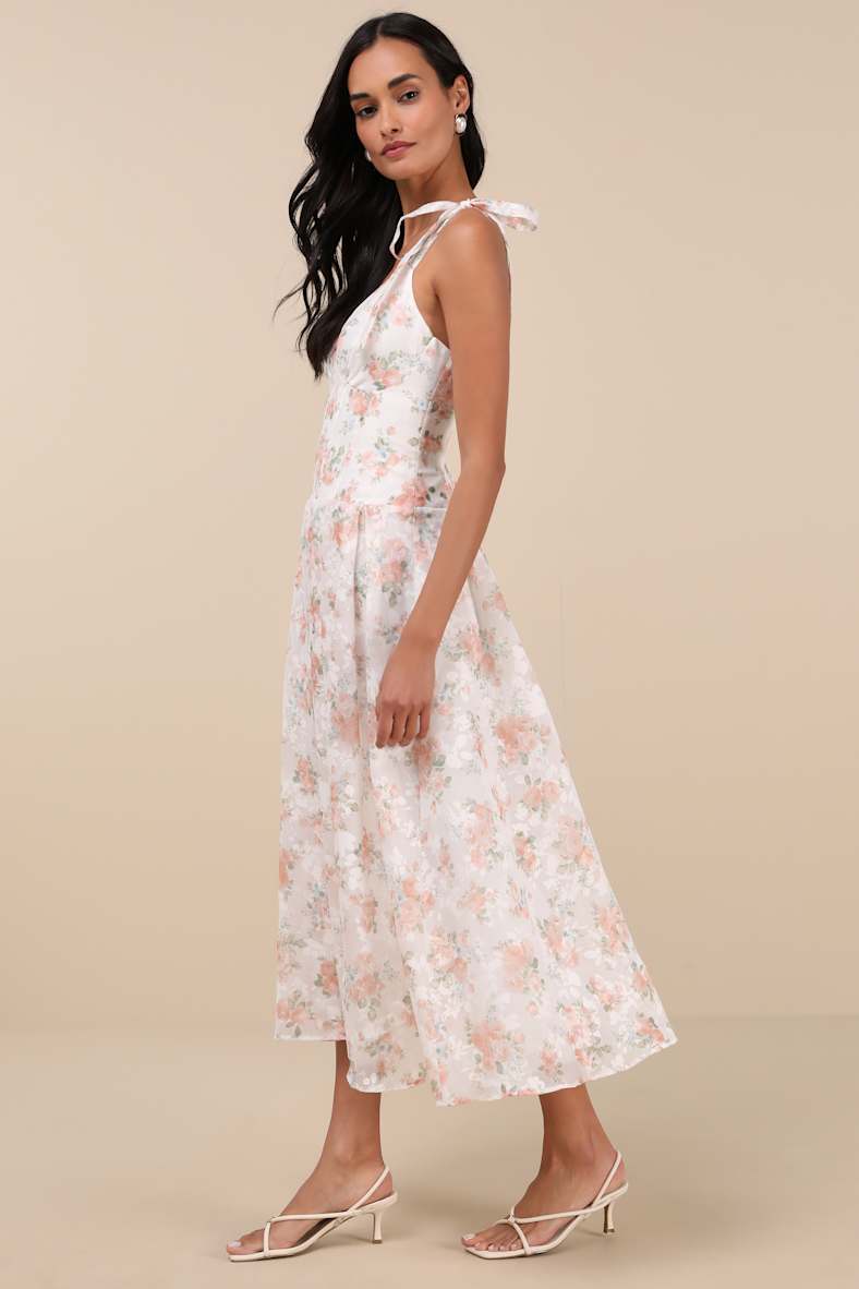 Danah White Floral Bustier Tie-Strap Midi Dress