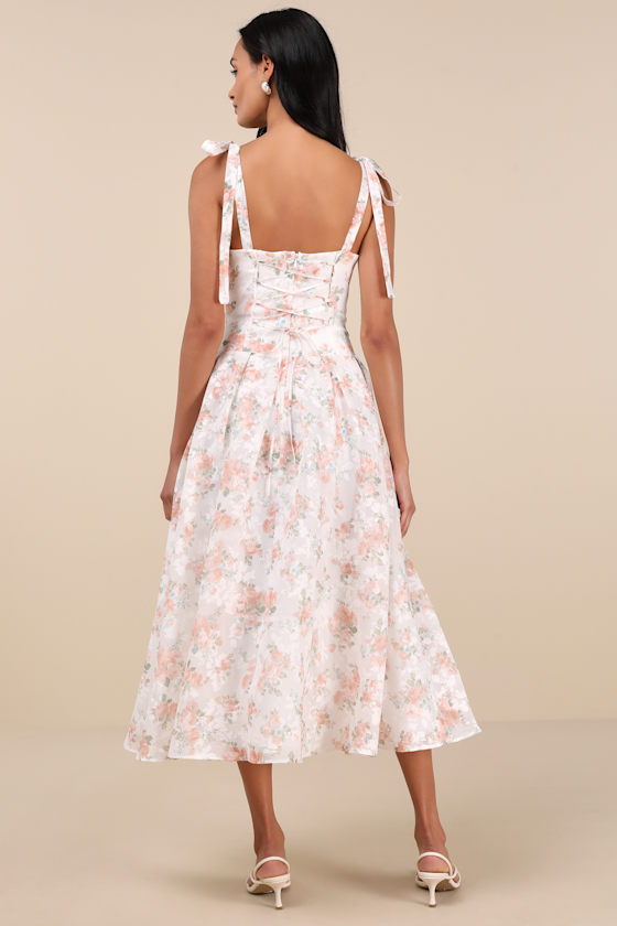 Lulus Danah White Floral Bustier Tie-strap Midi Dress In White